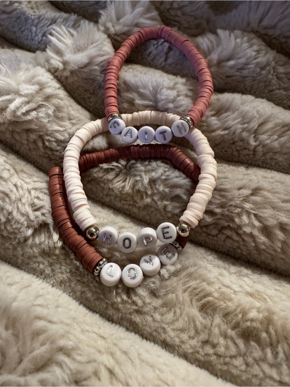 Handmade Pink and Cream 'Faith Hope Love' Clay Beaded Bracelets